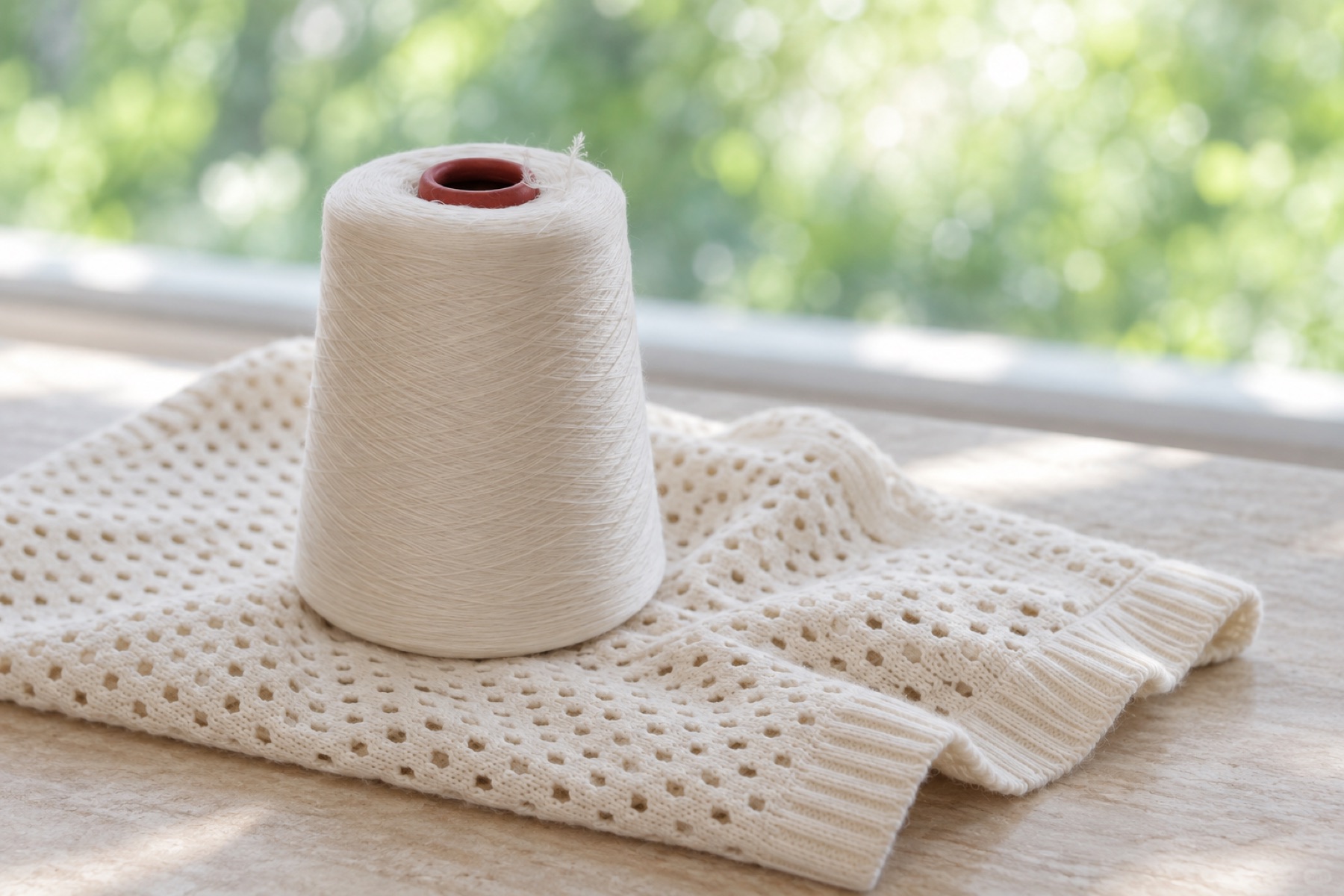 Fine white yarn and lightweight knitwear in natural light
