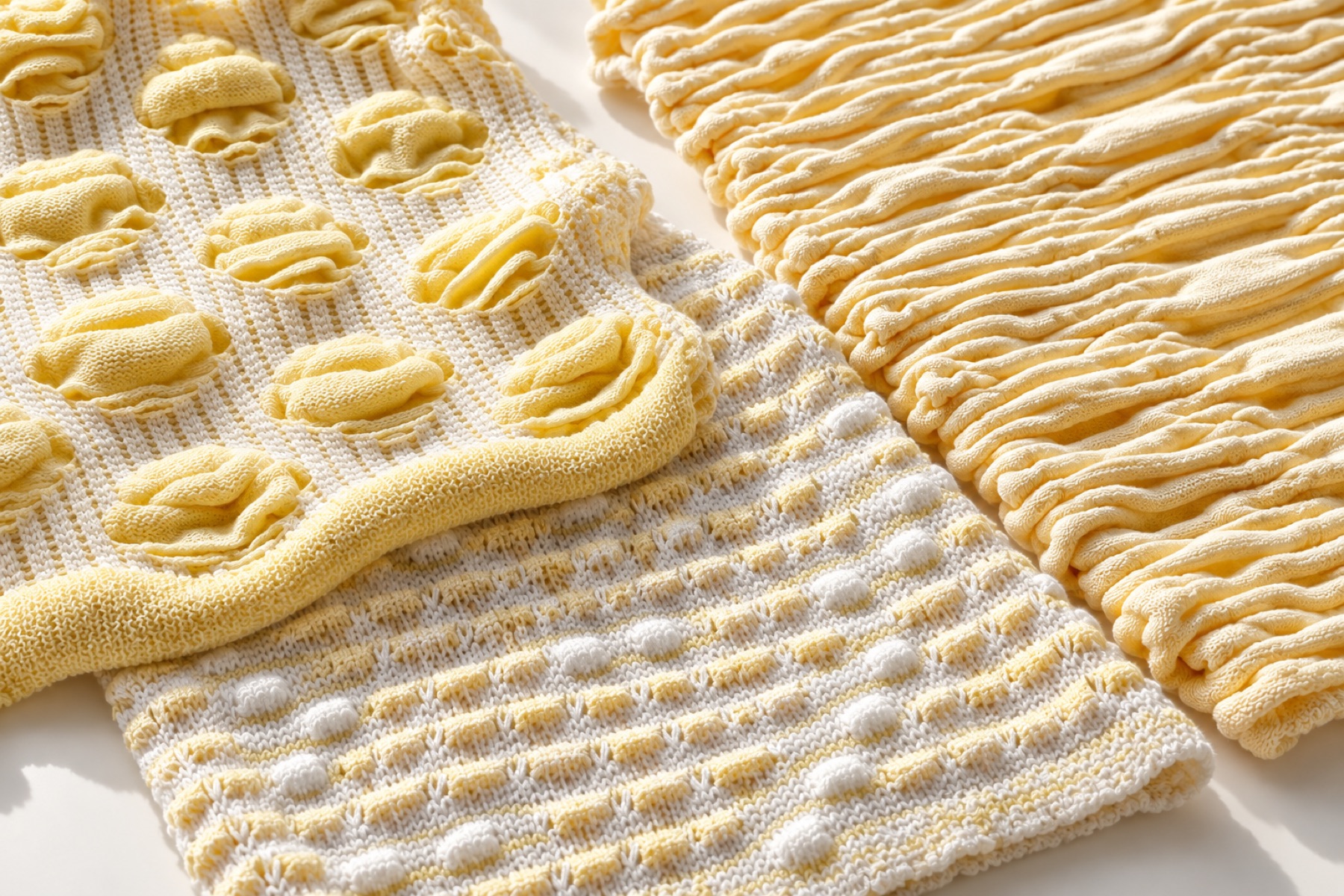 Dimensional knit samples arranged for review