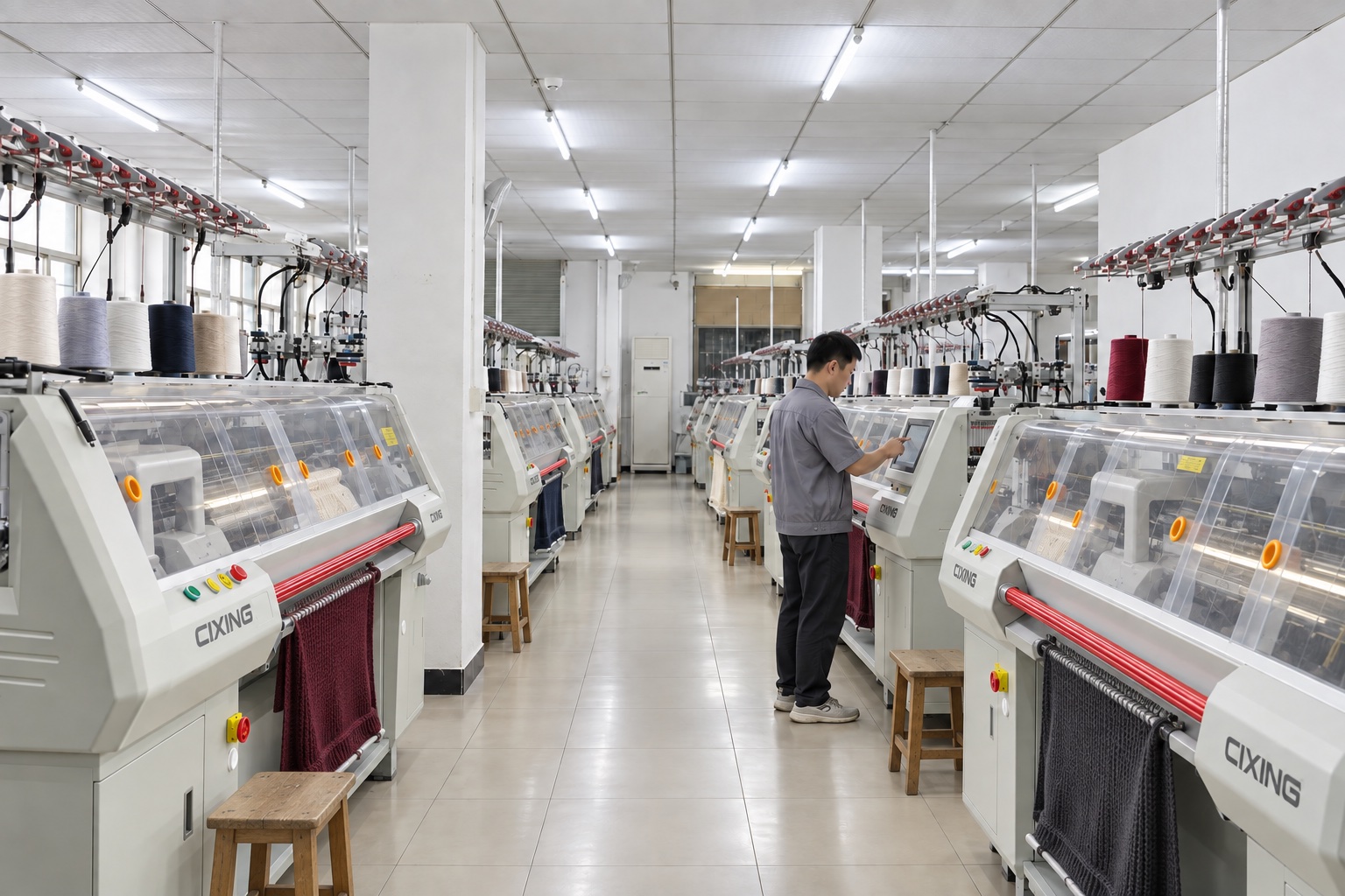 Computerized flat knitting machines and an operator inside the VIA KNIT workshop