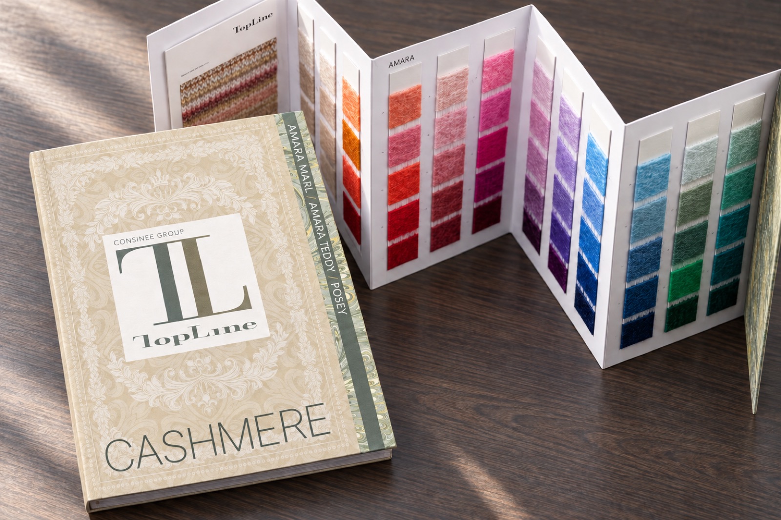 Fan of TopLine cashmere yarn colour swatches
